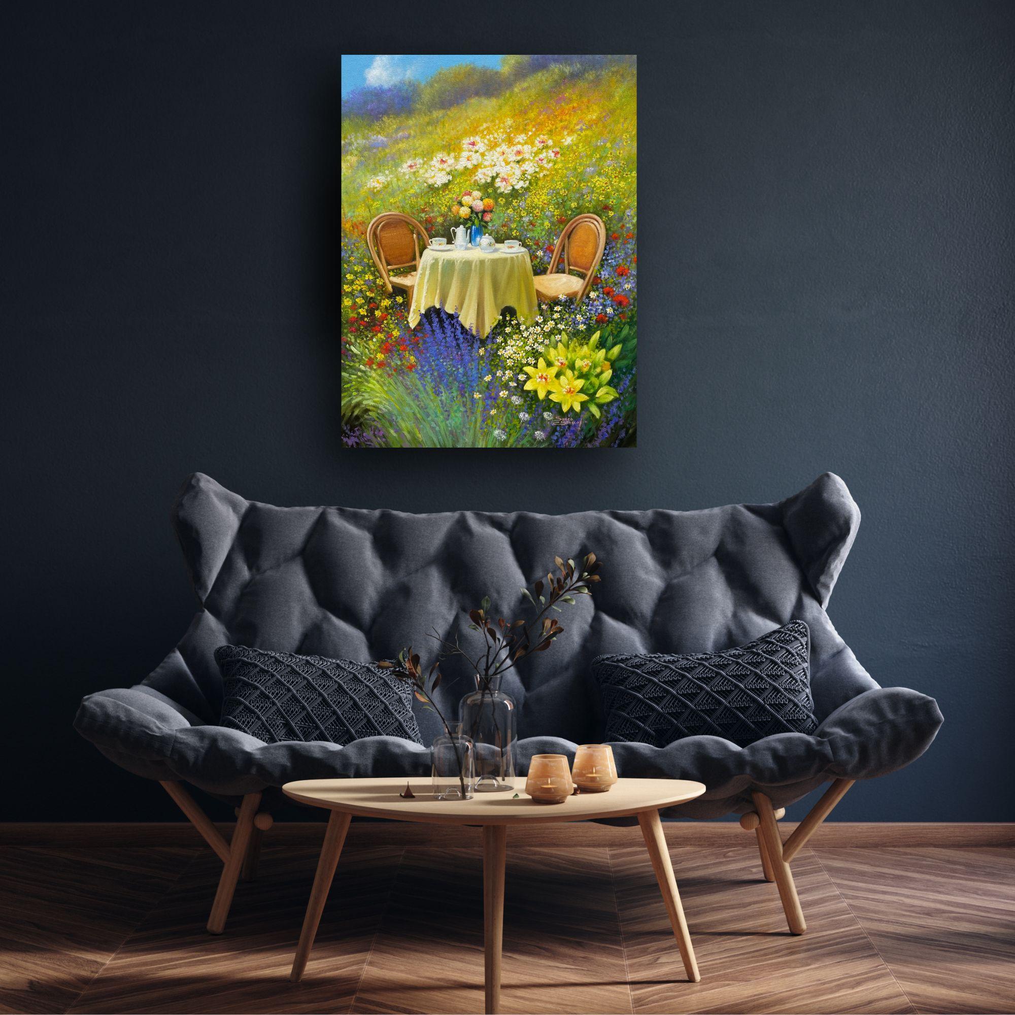 Teezeit-original impressionistisches Blumenstillleben-Landschafts-Ölgemälde-Kunstwerk – Painting von Sonco Carrasco