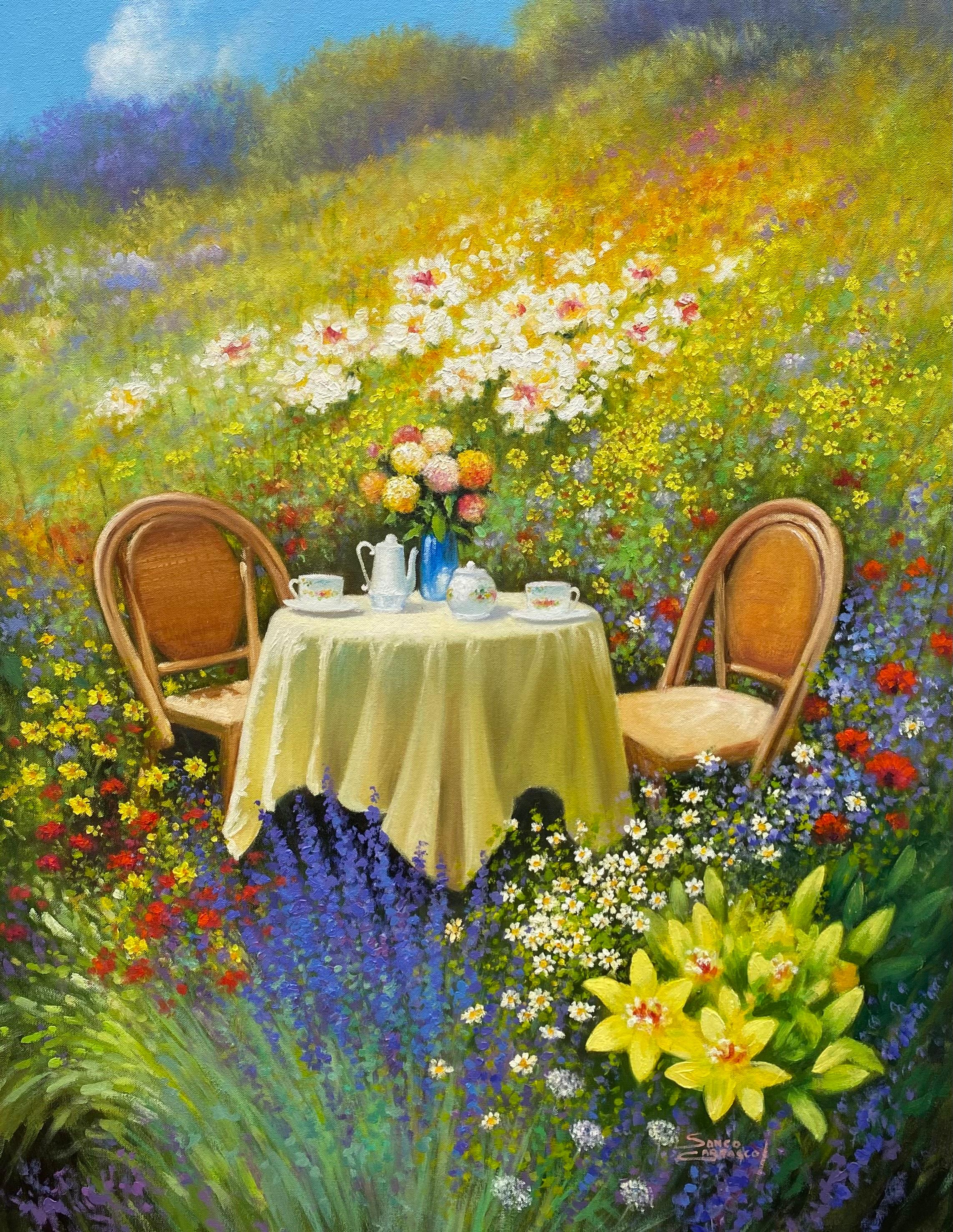 Teezeit-original impressionistisches Blumenstillleben-Landschafts-Ölgemälde-Kunstwerk