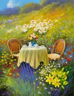 Tea Time-original impressionism floral-still life landscape oil painting-artwork
