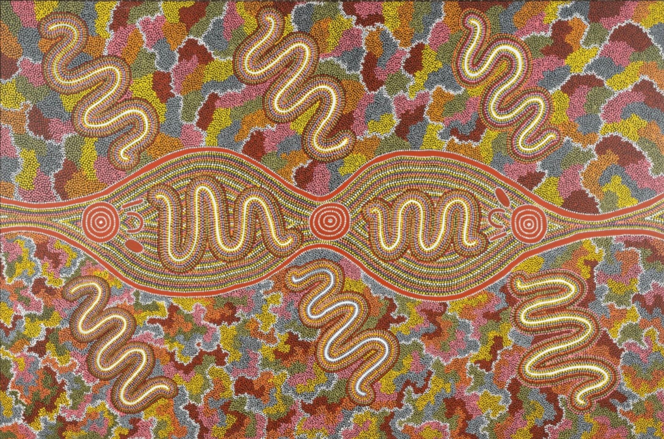 Worm Dreaming at Mt. Wedge - Aboriginal Australian Abstract Pointillist COLORFUL - Painting by Sonda Turner Nampijinpa