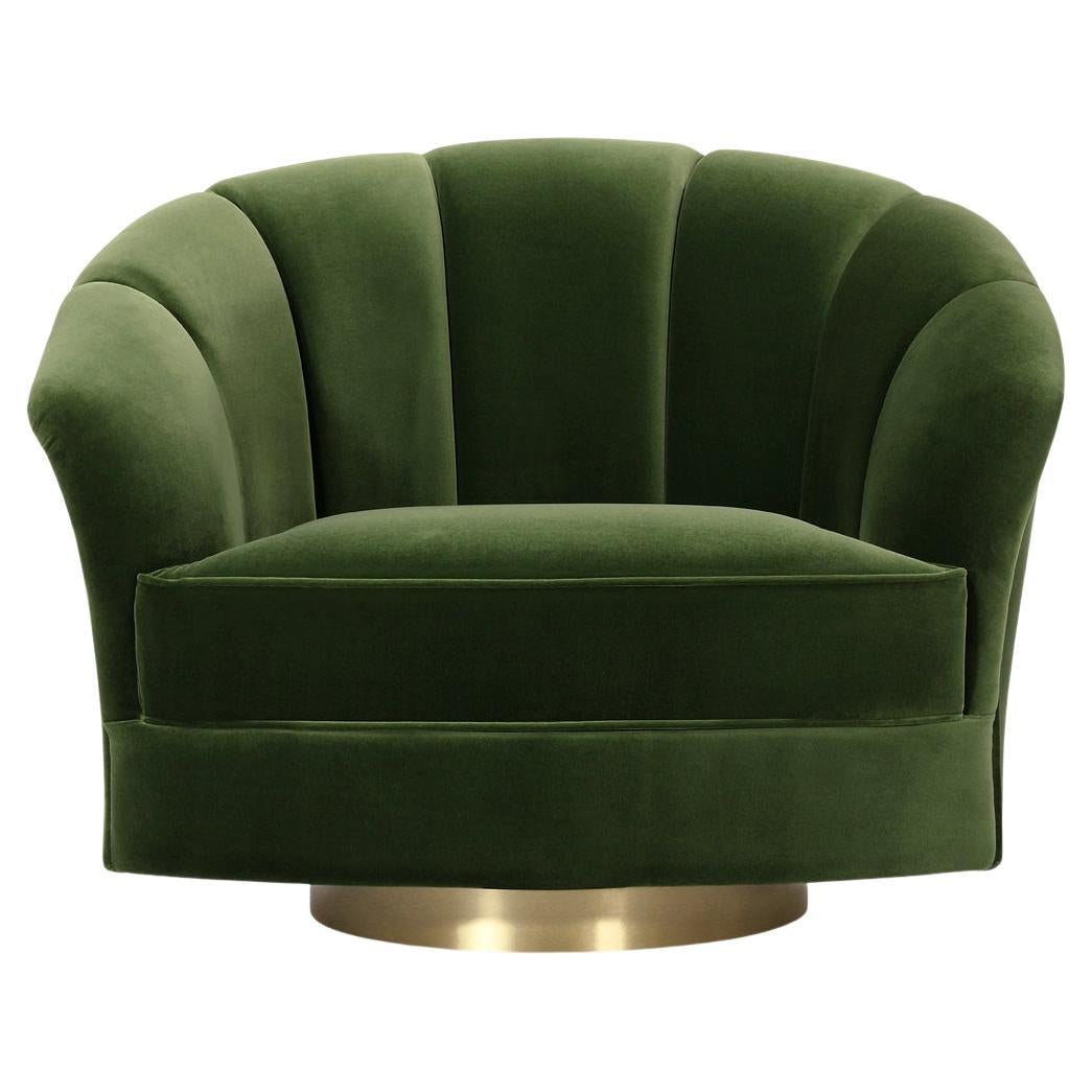 Swivel Soneto armchair upholstered in forest green velvet by Bow and Arrow