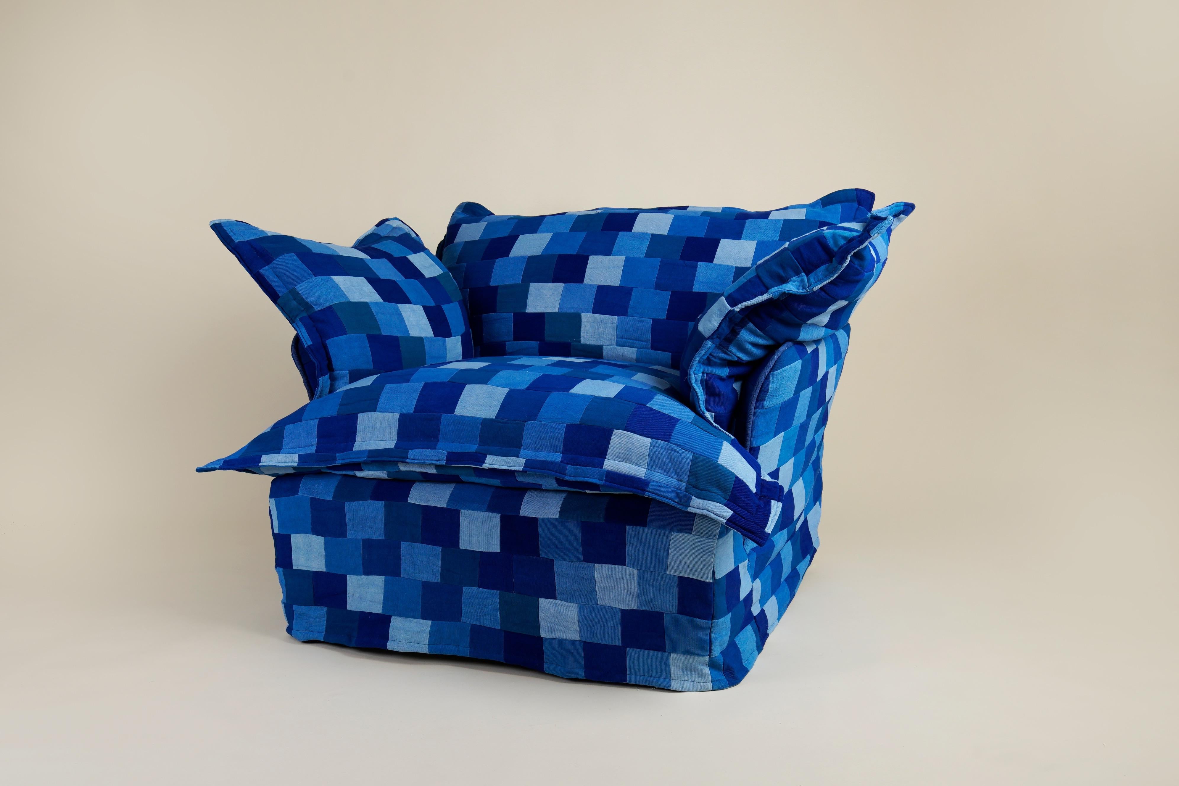 Song armchair by Maker&Son x ALM featuring Senegalese hand dyed cotton fabric from Studio ALM 

Studio ALM has worked on a second collab with Maker & Son.
The point of departure is the armchair itself—that improbably generous piece of furniture is