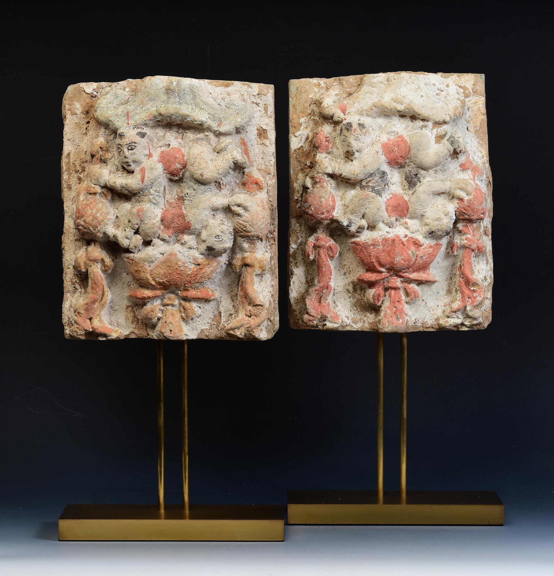 Song Dynasty, Ein Paar antike chinesische bemalte Tontafeln mit Figuren 5