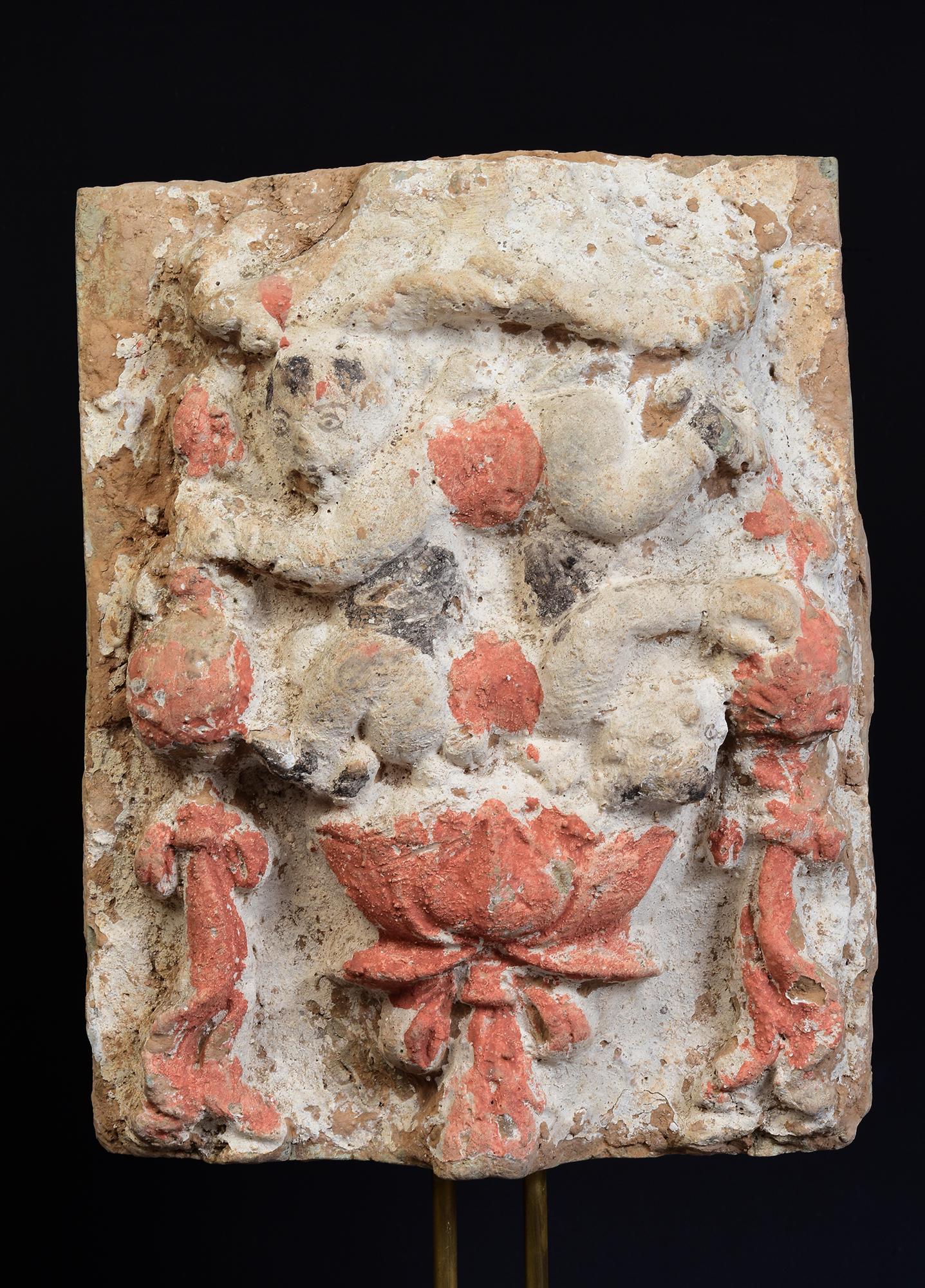 Song Dynasty, Ein Paar antike chinesische bemalte Tontafeln mit Figuren 1