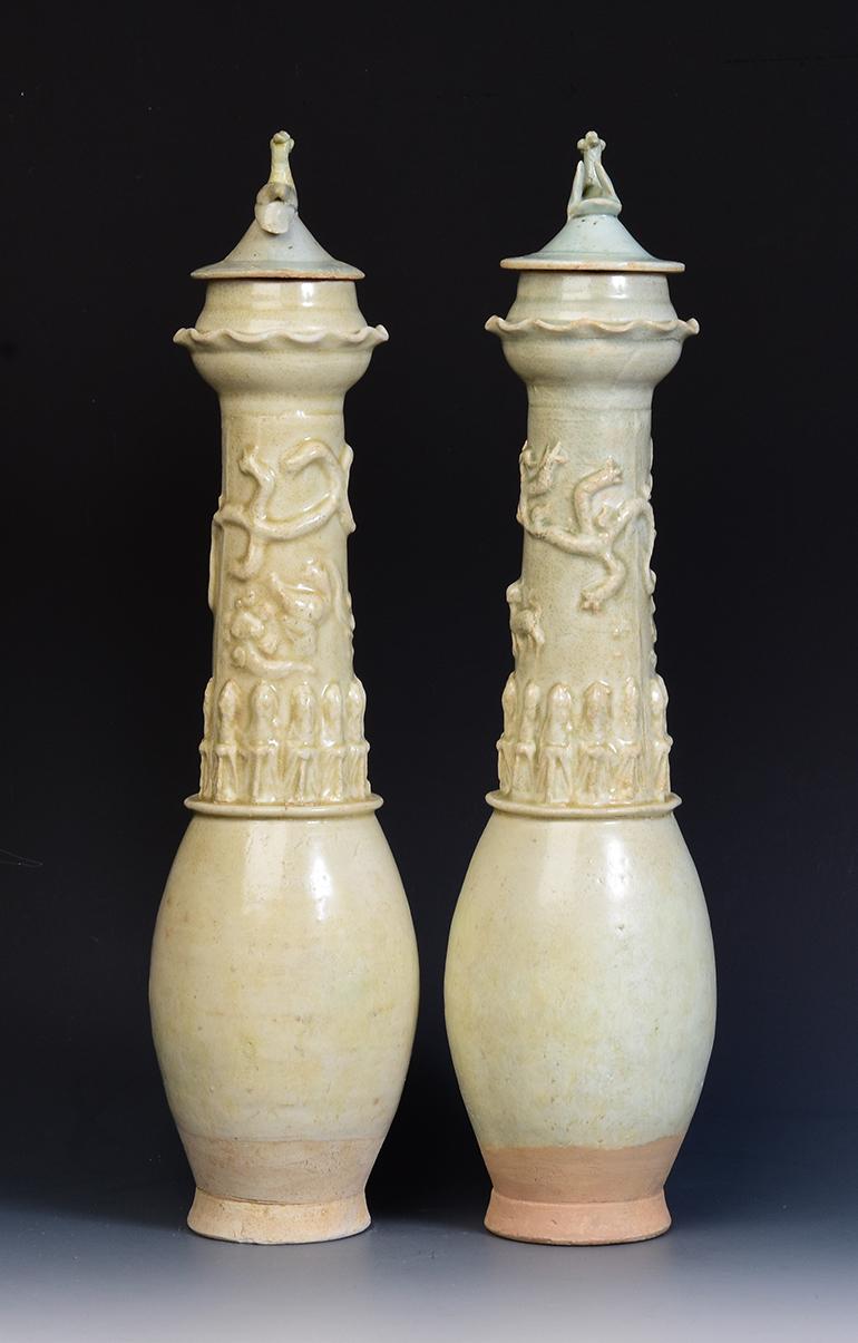 Hand-Carved Song Dynasty, A Pair of Antique Chinese Porcelain Vases with Dragon and Gods For Sale