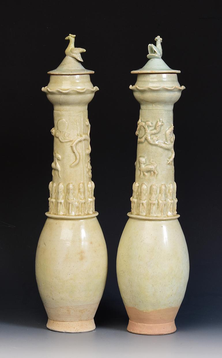 18th Century and Earlier Song Dynasty, A Pair of Antique Chinese Porcelain Vases with Dragon and Gods For Sale