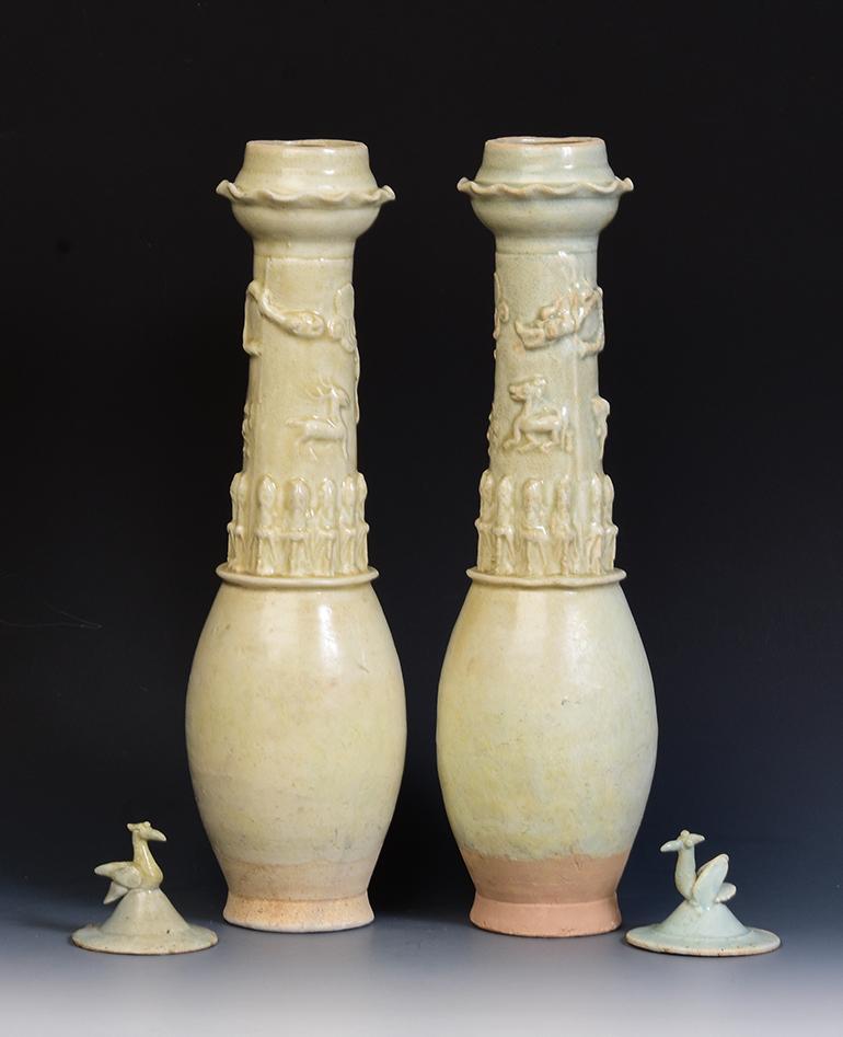 Stoneware Song Dynasty, A Pair of Antique Chinese Porcelain Vases with Dragon and Gods For Sale