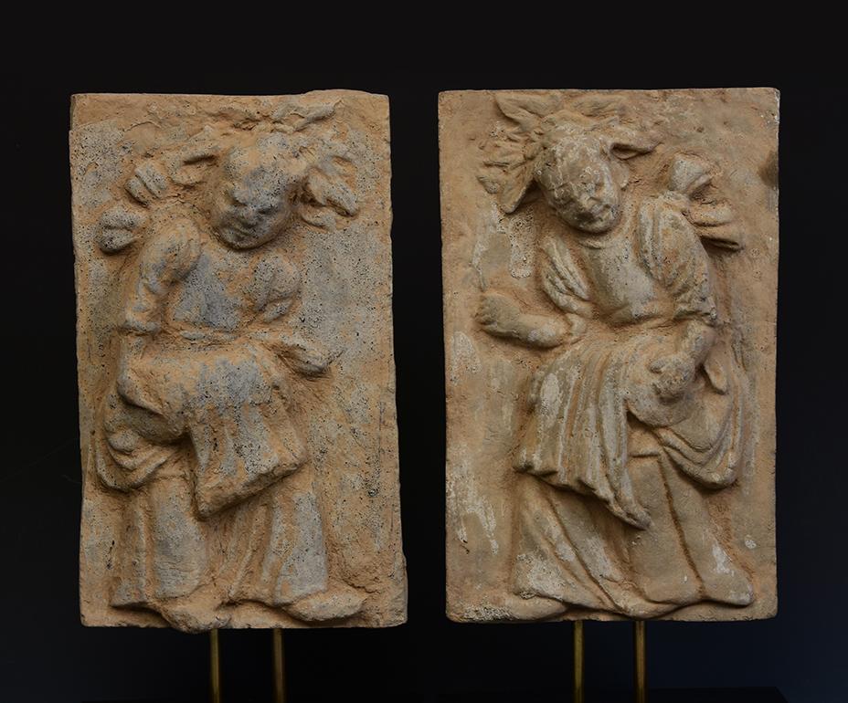 Hand-Carved Song Dynasty, A Pair of Antique Chinese Pottery Brick Tile with Drummers For Sale