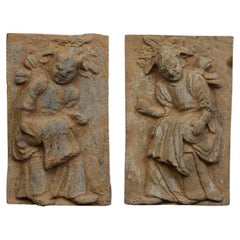 Song Dynasty, A Pair of Antique Chinese Pottery Brick Tile with Drummers