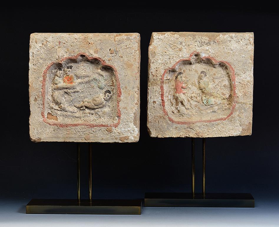 Song Dynasty, A Pair of Antique Chinese Pottery Brick Tile with Figures For Sale 5
