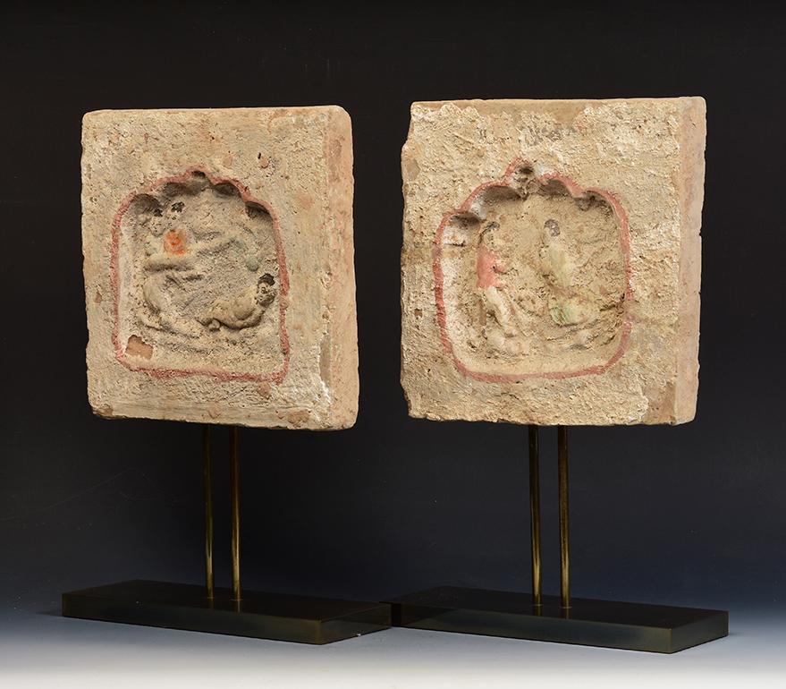 Song Dynasty, A Pair of Antique Chinese Pottery Brick Tile with Figures For Sale 6
