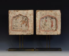 Dinastia Song, Coppia di antiche mattonelle cinesi in ceramica con figure