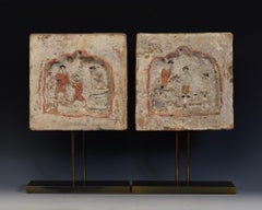 Dinastia Song, Coppia di antiche mattonelle cinesi in ceramica con figure