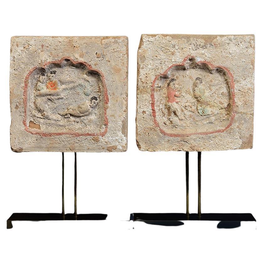 Song Dynasty, a Pair of Antique Chinese Pottery Brick Tile with Figures