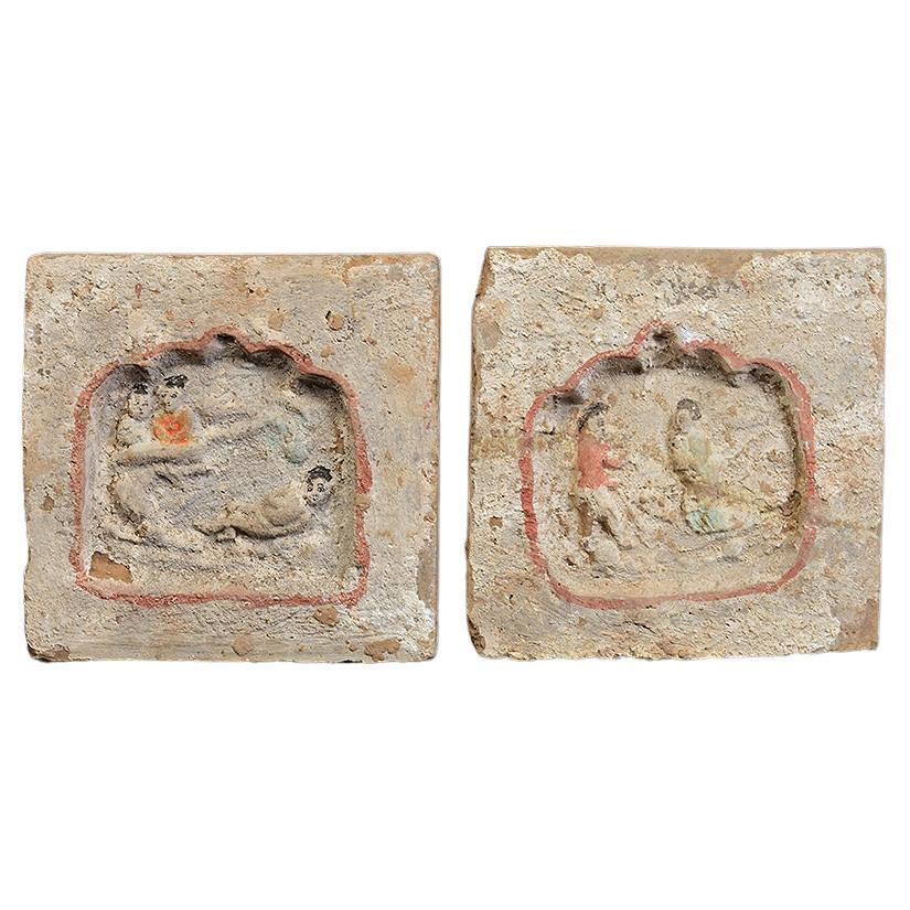 Song Dynasty, A Pair of Antique Chinese Pottery Brick Tile with Figures For Sale