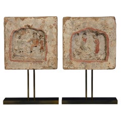 Dinastia Song, Coppia di antiche mattonelle cinesi in ceramica con figure
