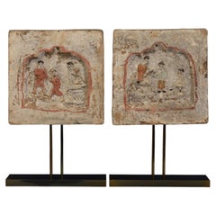 Dinastia Song, Coppia di antiche mattonelle cinesi in ceramica con figure
