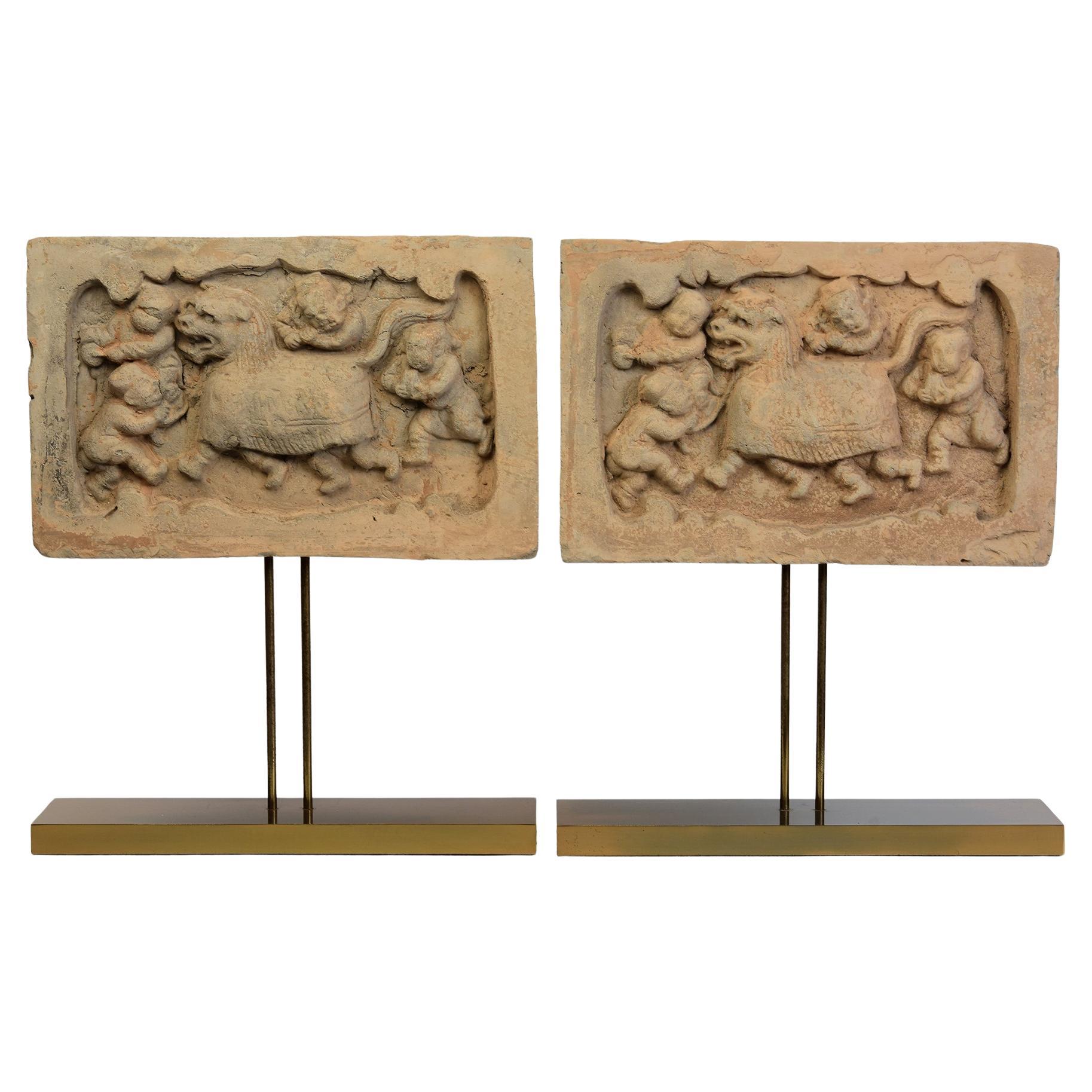 Song Dynasty, A Pair of Antique Chinese Pottery Brick Tile with Lion and Figures For Sale