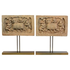 Song Dynasty, A Pair of Antique Chinese Pottery Brick Tile with Lion and Figures
