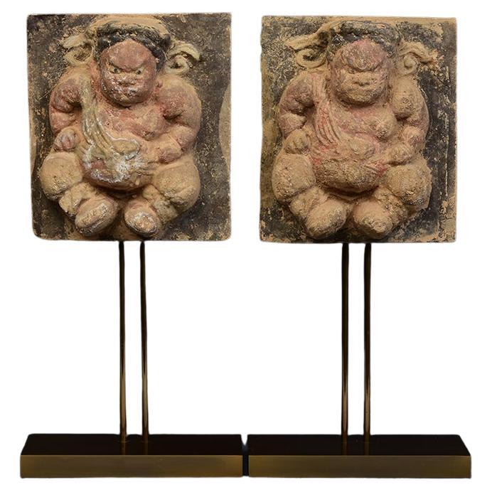 Song Dynasty, a Pair of Antique Chinese Pottery Brick Tile with Tomb Guardian For Sale