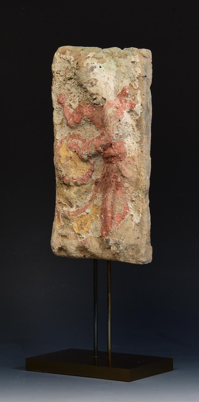Song Dynasty, Antique Chinese Painted Pottery Panel of Musician Drummer For Sale 6