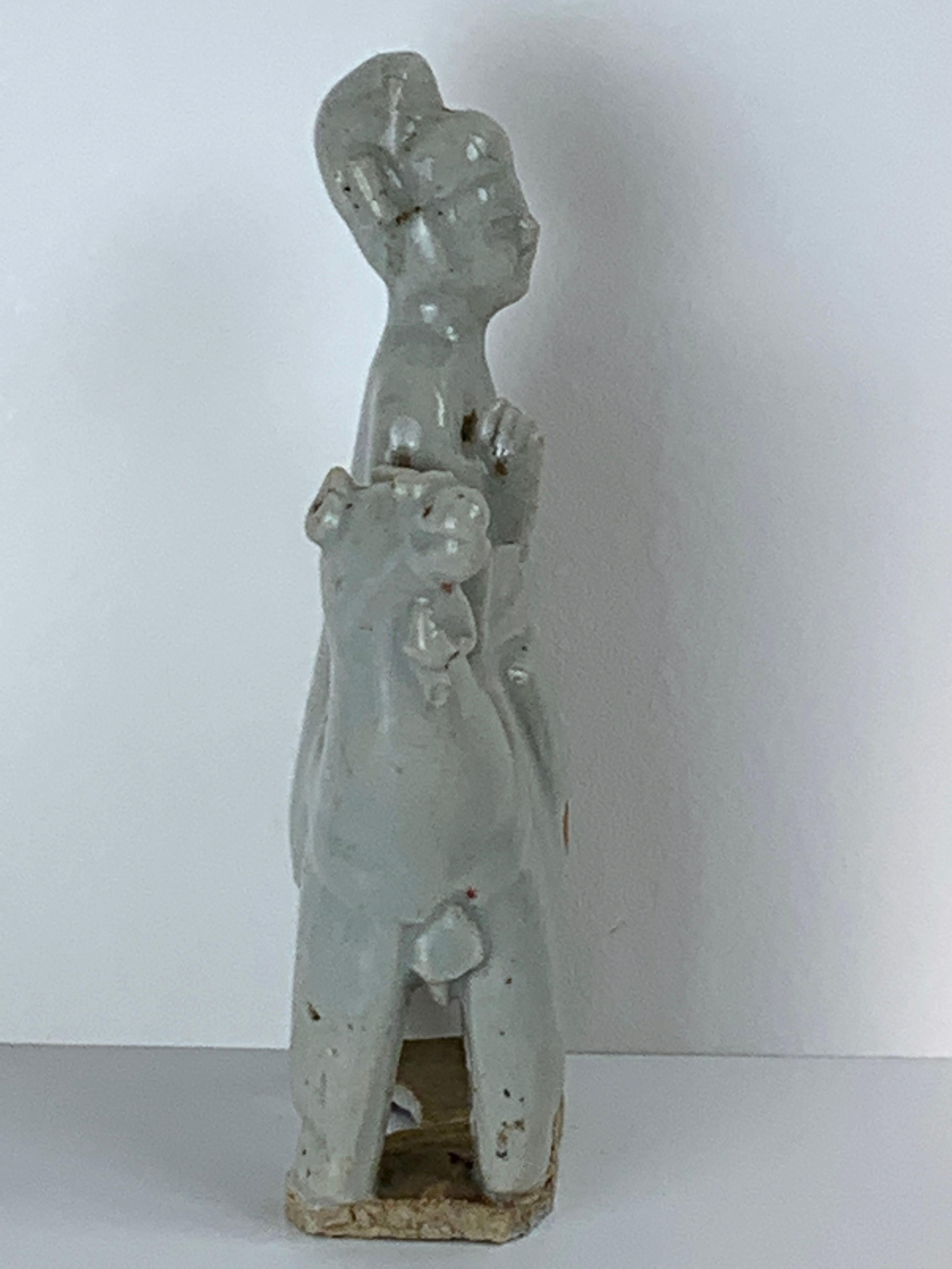 Song Dynasty Chinese Celadon Porcelain Horse and Rider on Later Lucite Pedestal For Sale 5