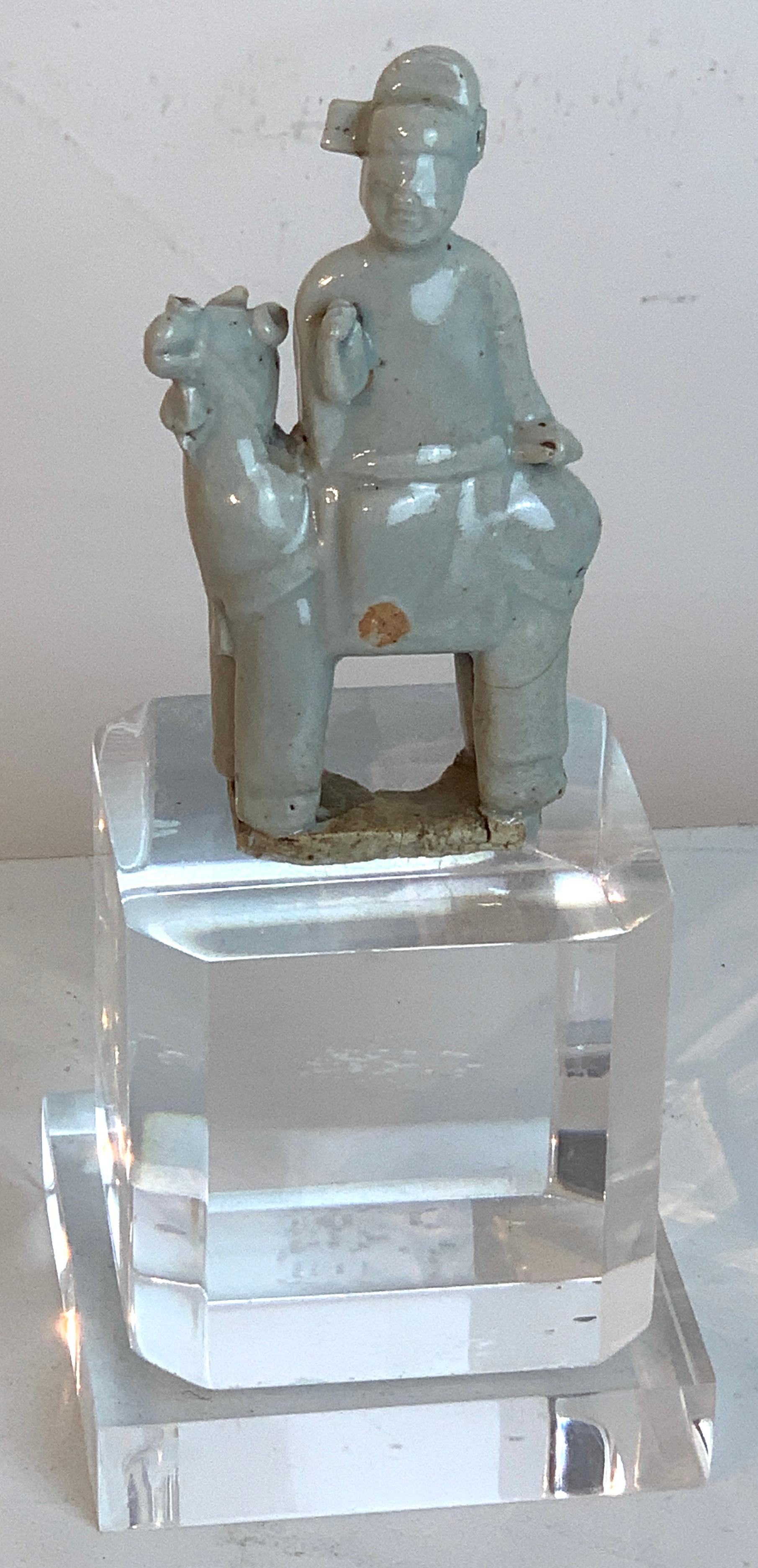 Song Dynasty Chinese Celadon Porcelain Horse and Rider on Later Lucite Pedestal For Sale 13