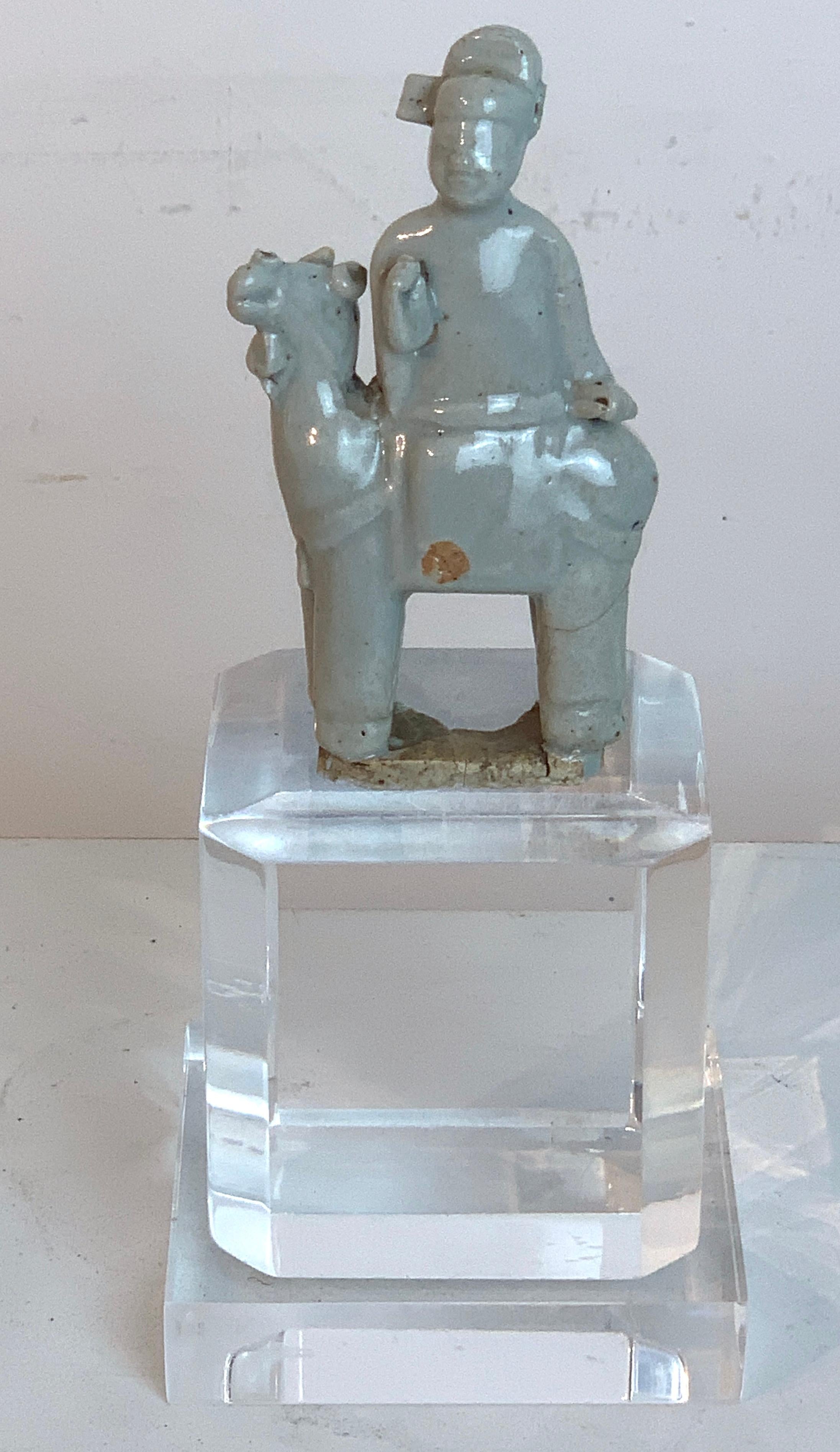 Chinese Export Song Dynasty Chinese Celadon Porcelain Horse and Rider on Later Lucite Pedestal For Sale