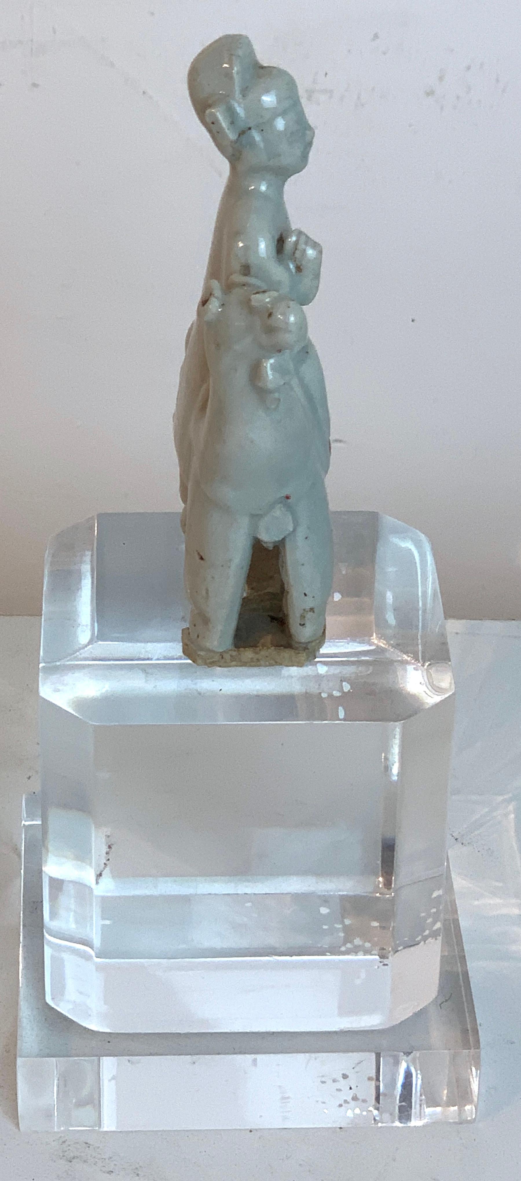 Song Dynasty Chinese Celadon Porcelain Horse and Rider on Later Lucite Pedestal In Distressed Condition For Sale In West Palm Beach, FL