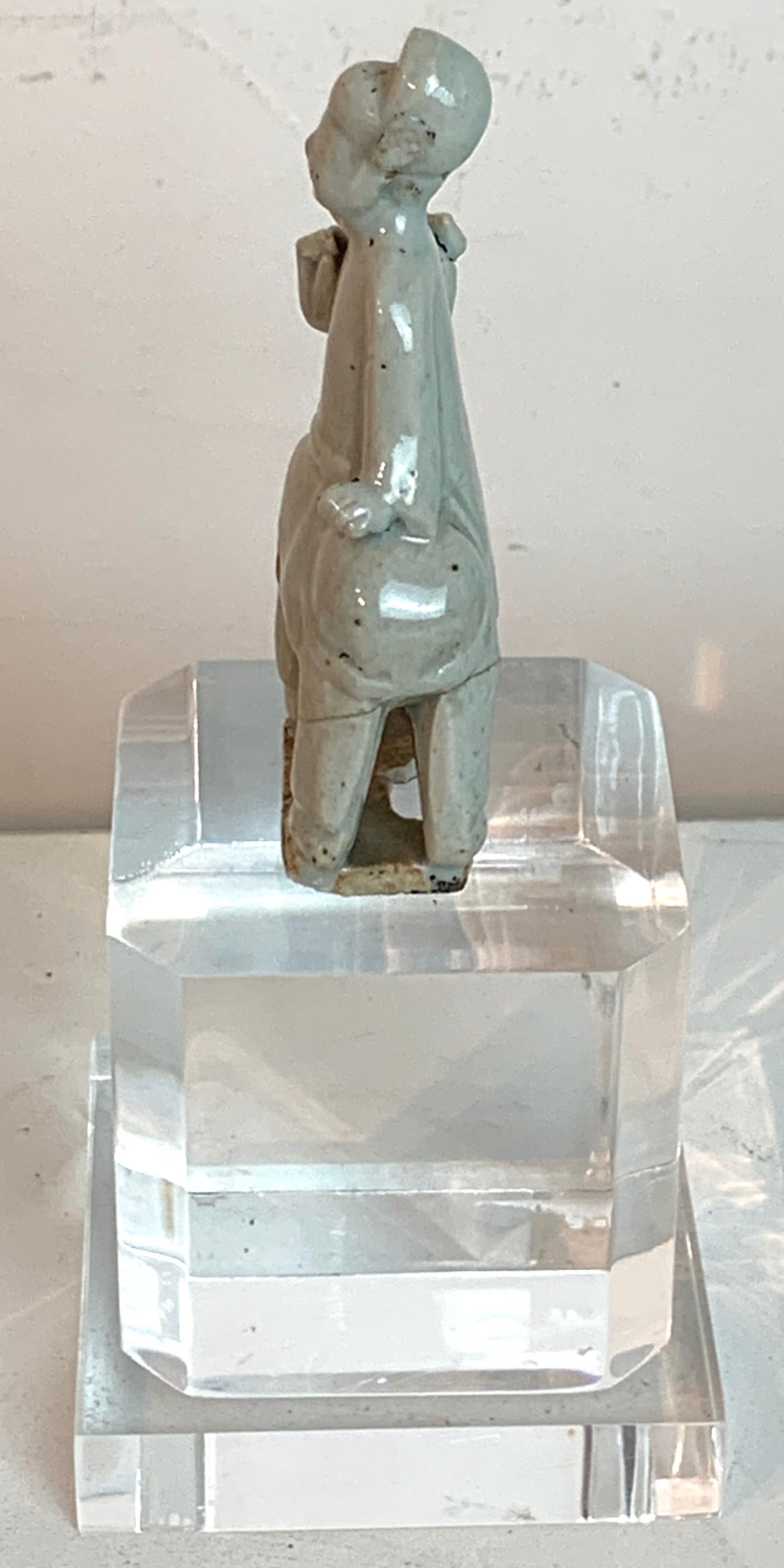 Song Dynasty Chinese Celadon Porcelain Horse and Rider on Later Lucite Pedestal For Sale 1