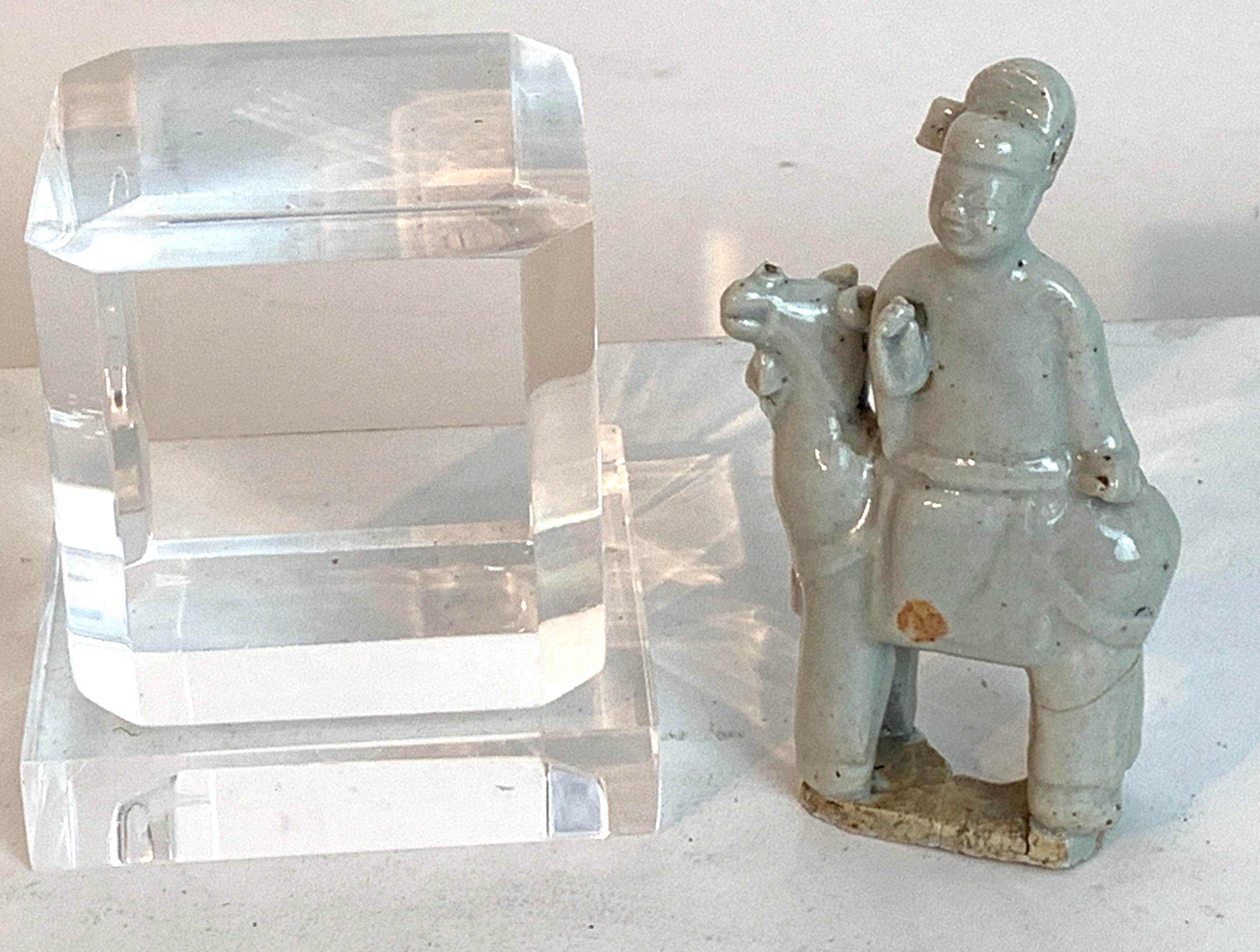Song Dynasty Chinese Celadon Porcelain Horse and Rider on Later Lucite Pedestal For Sale 2