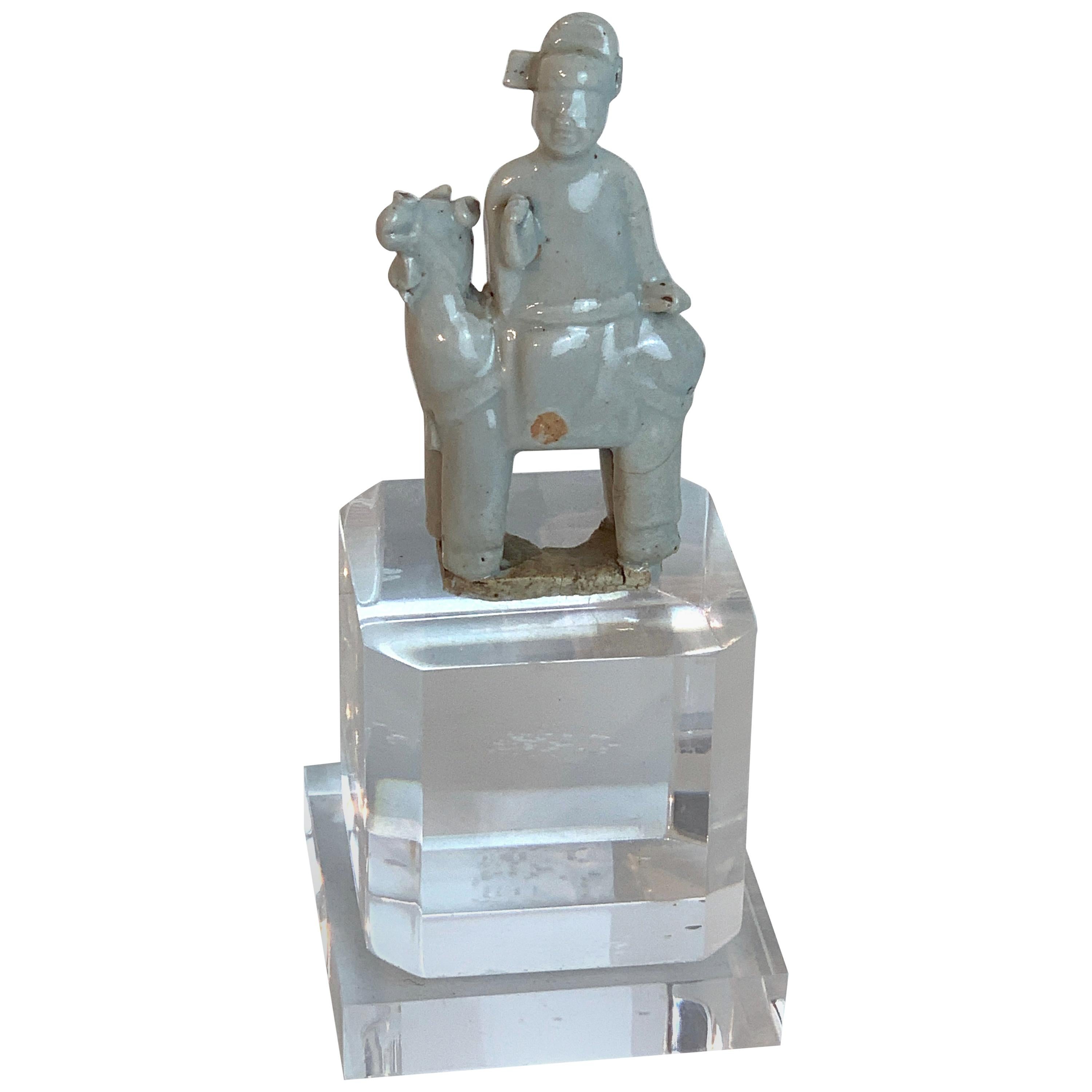 Song Dynasty Chinese Celadon Porcelain Horse and Rider on Later Lucite Pedestal For Sale
