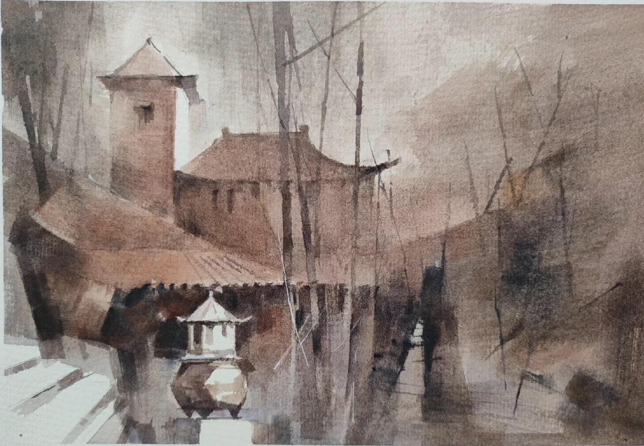 Ancient Town Landscape Impressionism Original Watercolor Painting