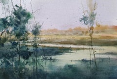 By the River Landscape Impressionism Original Watercolor Painting
