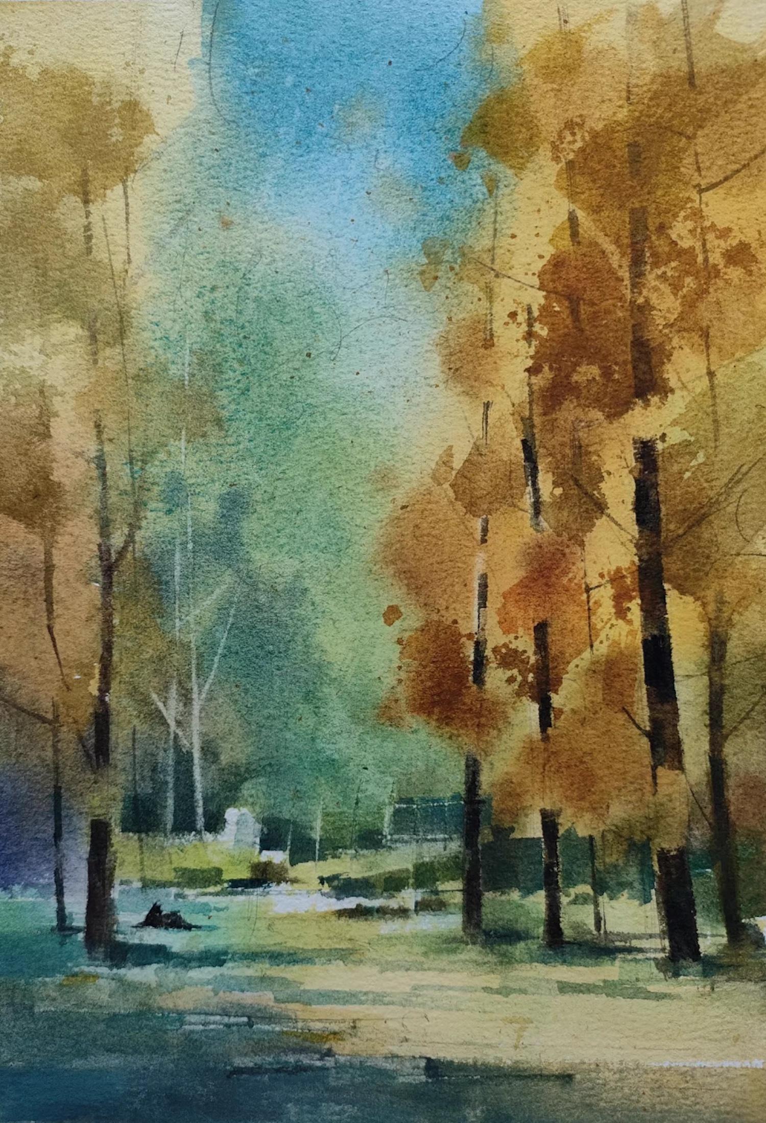 Colors of Autumn Landscape Impressionism Original Watercolor Painting