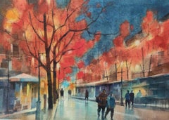 Festive Scene Landscape Impressionism Original Watercolor Painting