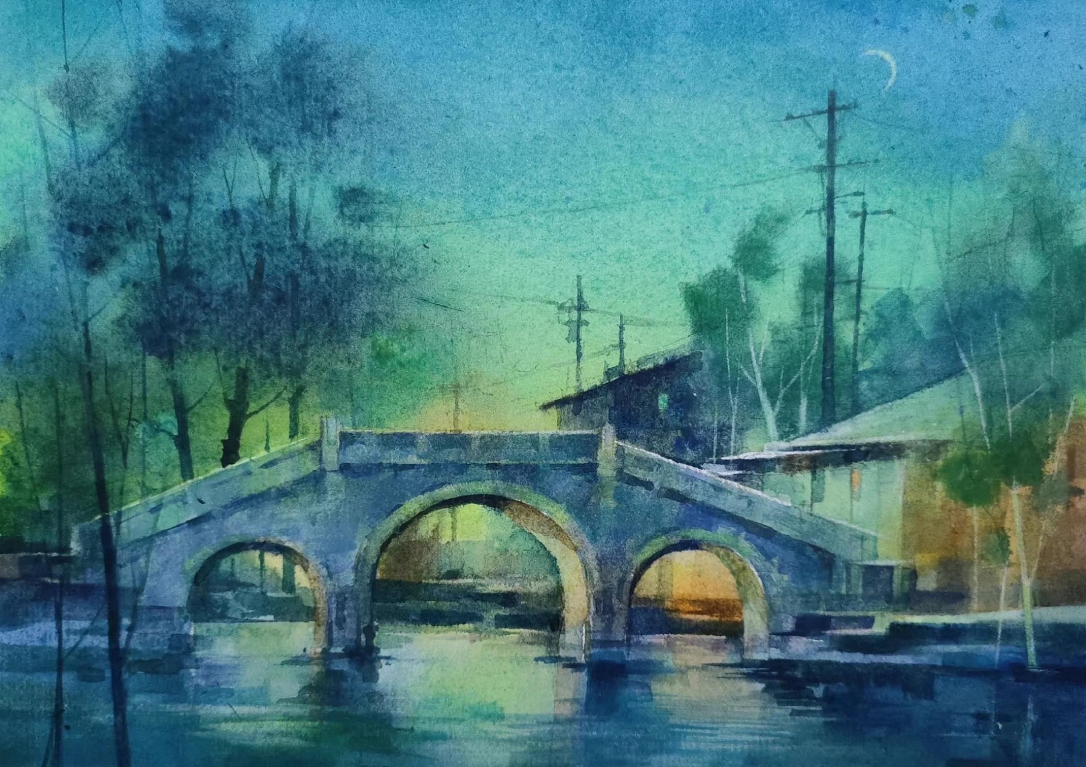 Little Bridge Landscape Impressionism Original Watercolor Painting