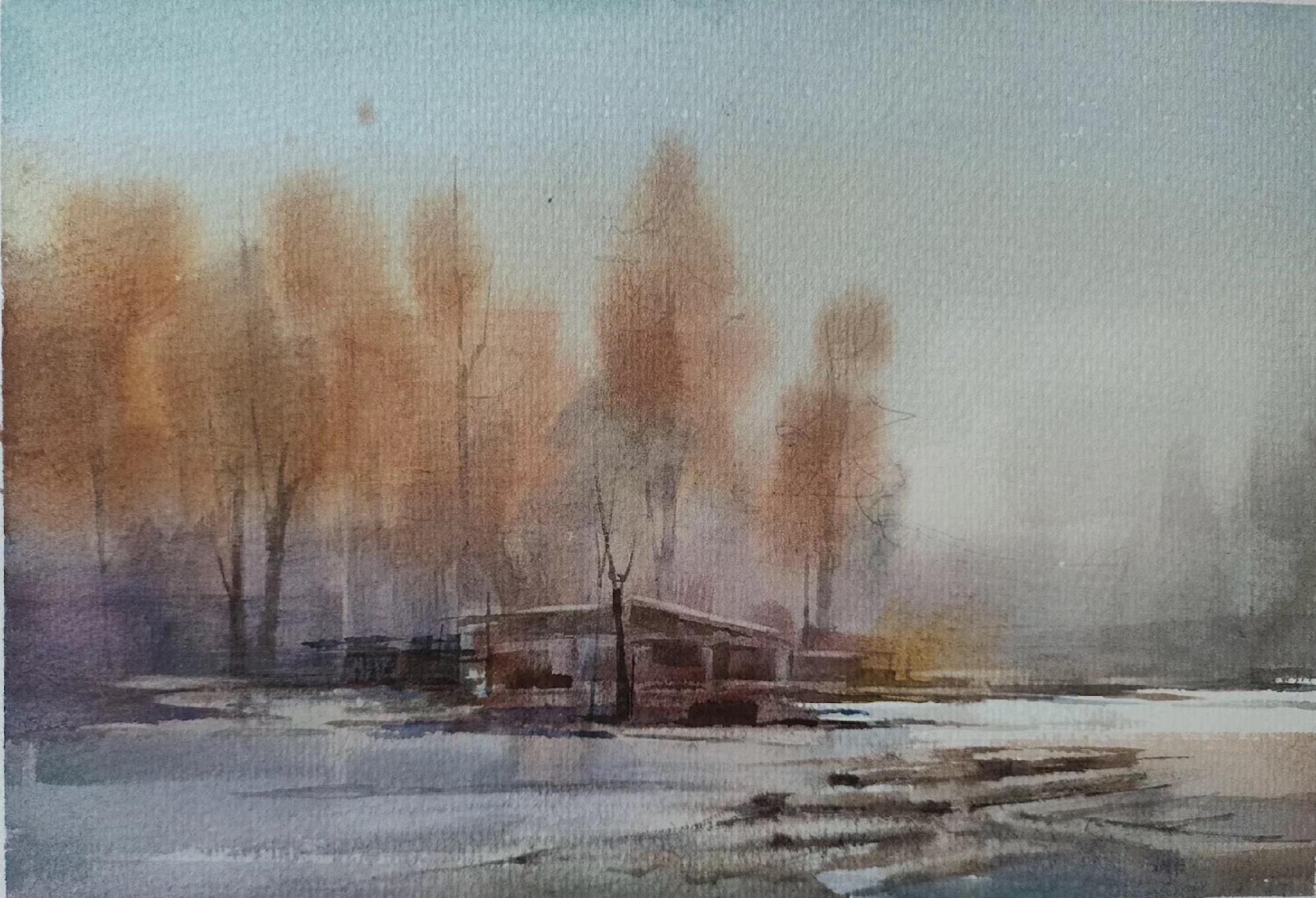 Riverside Cottage Landscape Impressionism Original Watercolor Painting