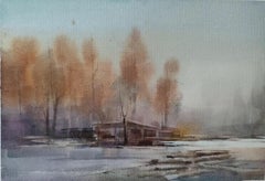 Riverside Cottage Landscape Impressionism Original Watercolor Painting