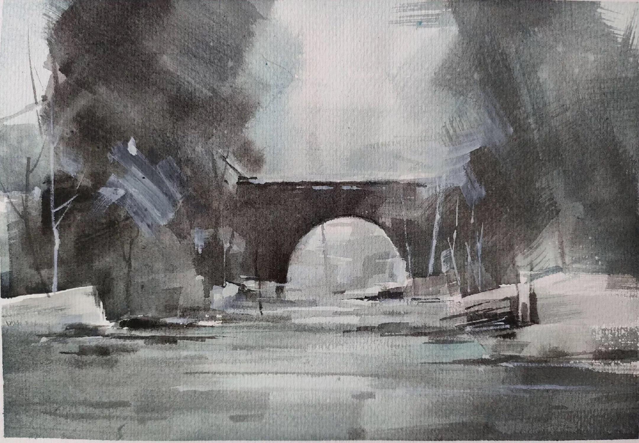 Song Shuyu Landscape Painting - Riverside Impression Landscape Impressionism Original Watercolor Painting