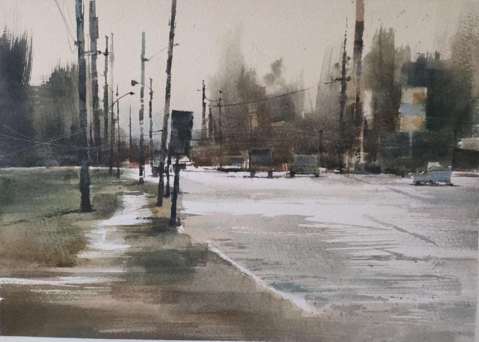 Street Scene Landscape Impressionism Original Watercolor Painting
