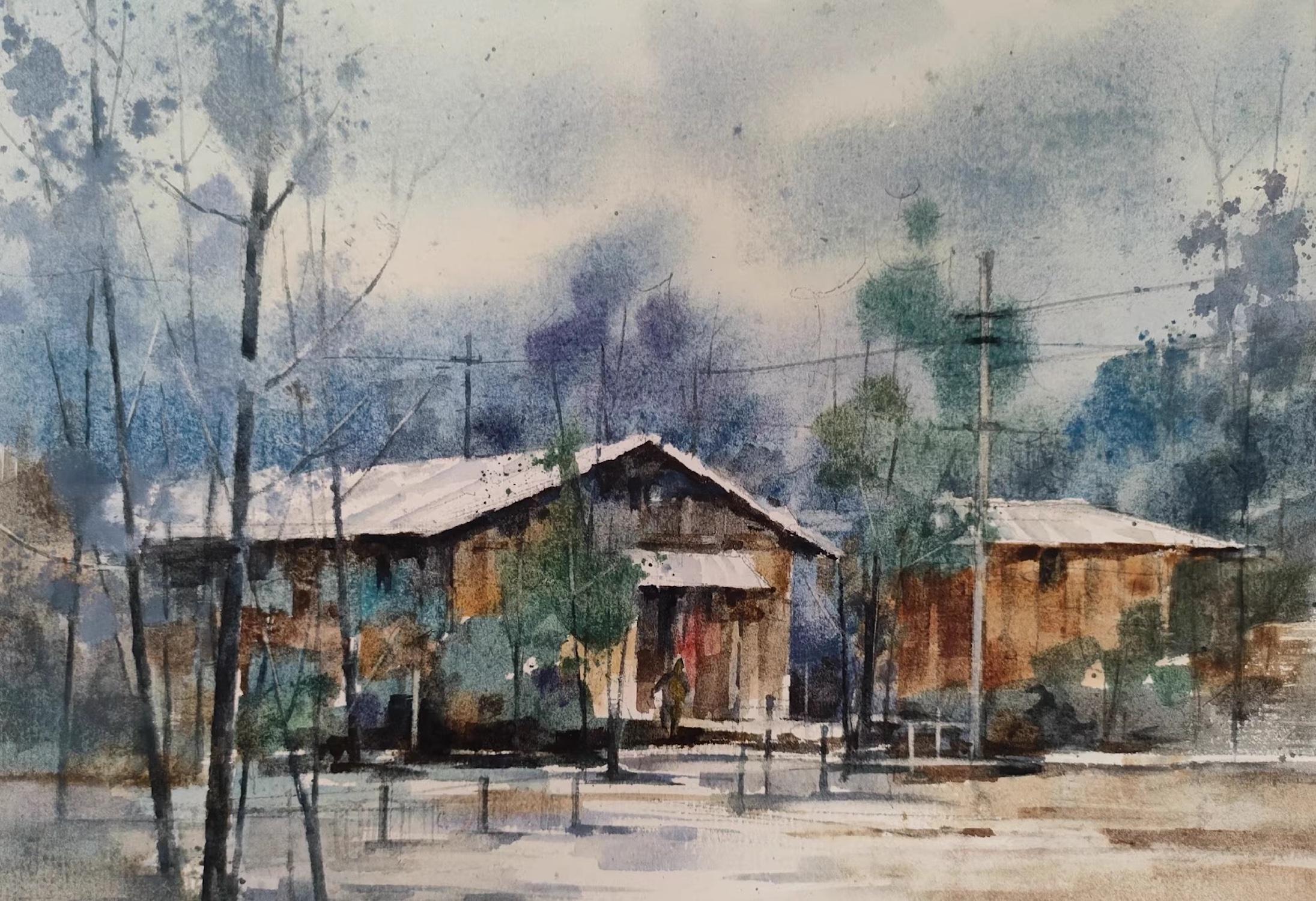 The Tranquility after Snow Landscape Impressionism Original Watercolor Painting