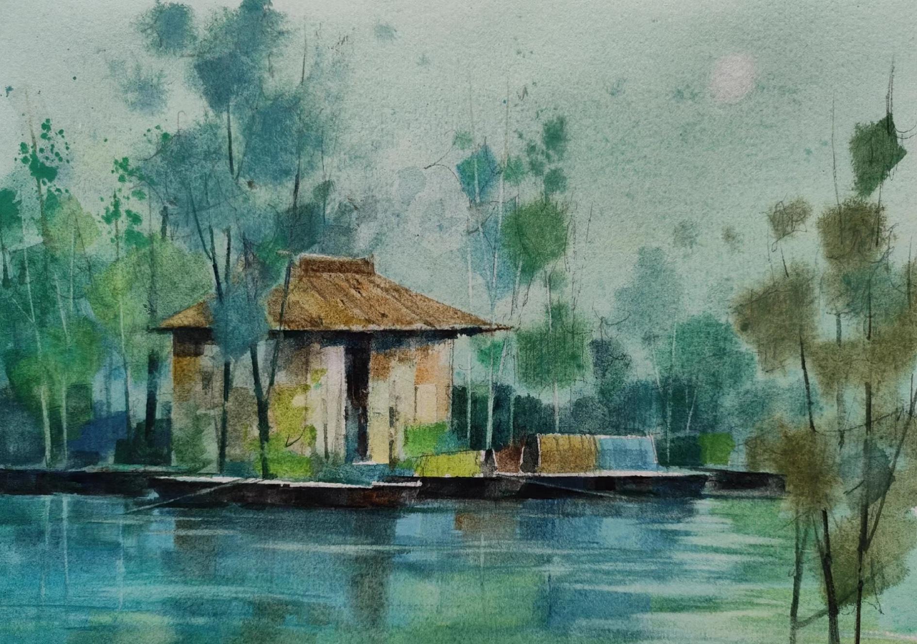 Water Town Landscape Impressionism Original Watercolor Painting