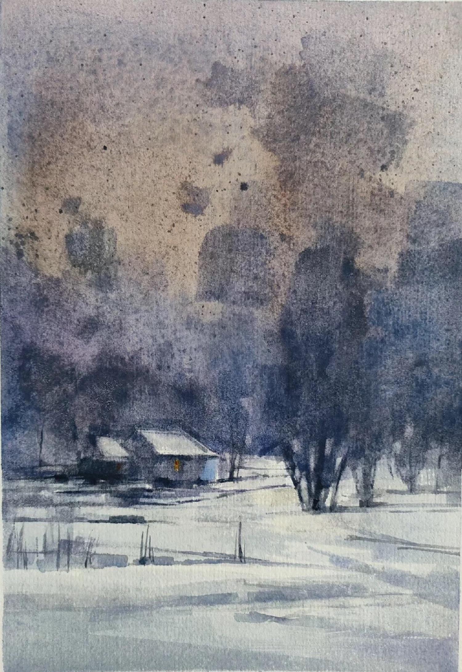 Winter Landscape Impressionism Original Watercolor Painting