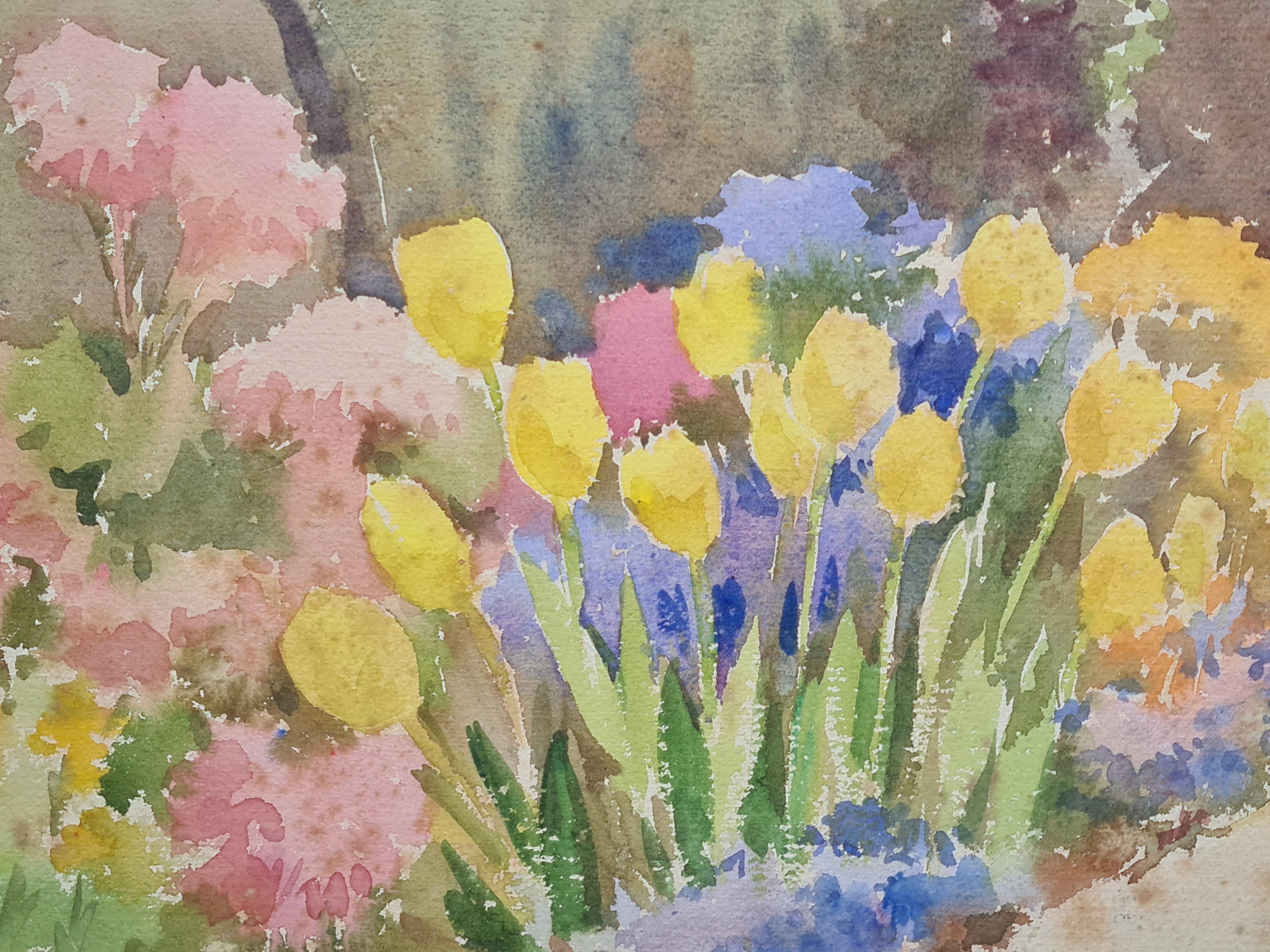 Un Jardín Mediterráneo Impresionista en Primavera. Acuarela y gouache sobre papel. - Landscape Painting Beige de Songa