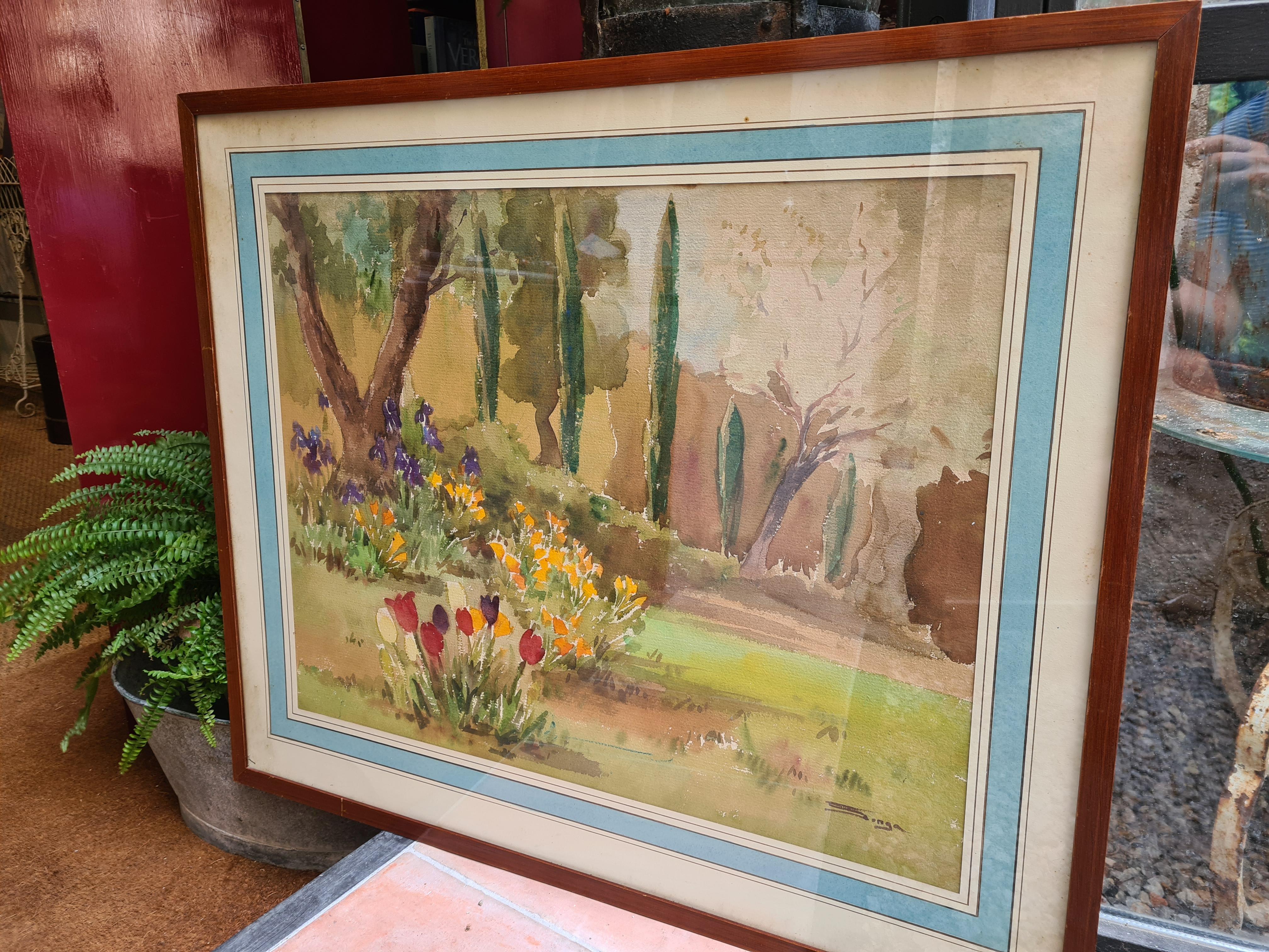 Un giardino mediterraneo impressionista in estate. Guazzo e acquerello su carta. in vendita 6