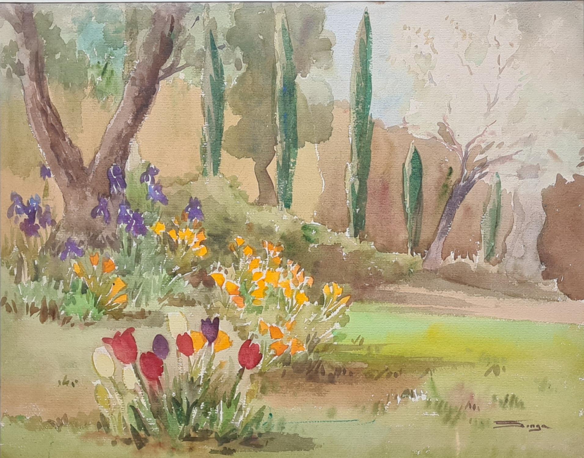 Un giardino mediterraneo impressionista in estate. Guazzo e acquerello su carta. - Art di Songa