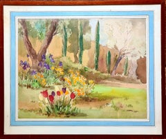 Un giardino mediterraneo impressionista in estate. Guazzo e acquerello su carta.