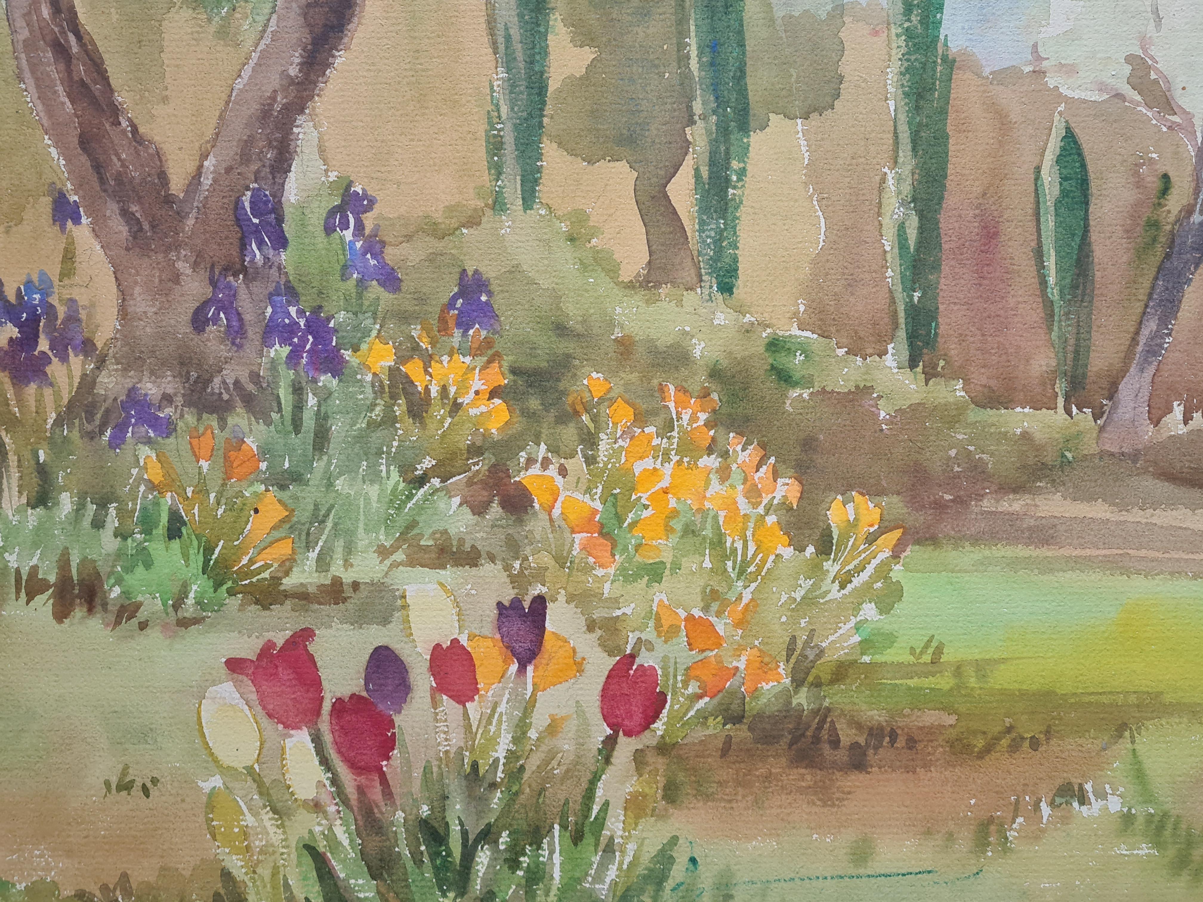 Coppia di vedute impressioniste di giardini mediterranei. Guazzo e acquerello su carta in vendita 5