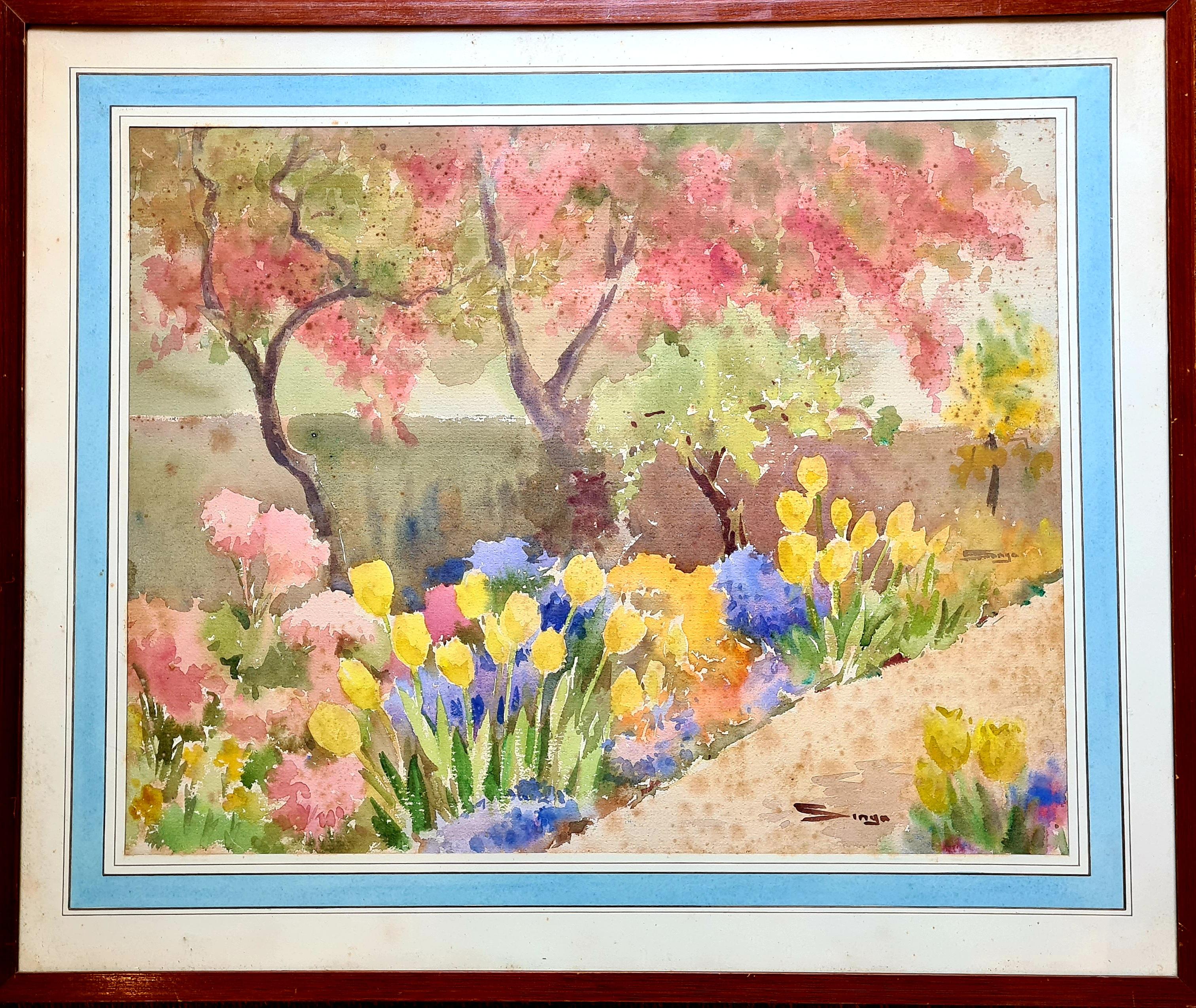 Coppia di vedute impressioniste di giardini mediterranei. Guazzo e acquerello su carta in vendita 8